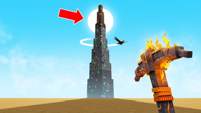The voxel tower blocking the sun while a flaming pickaxe waits in the foreground