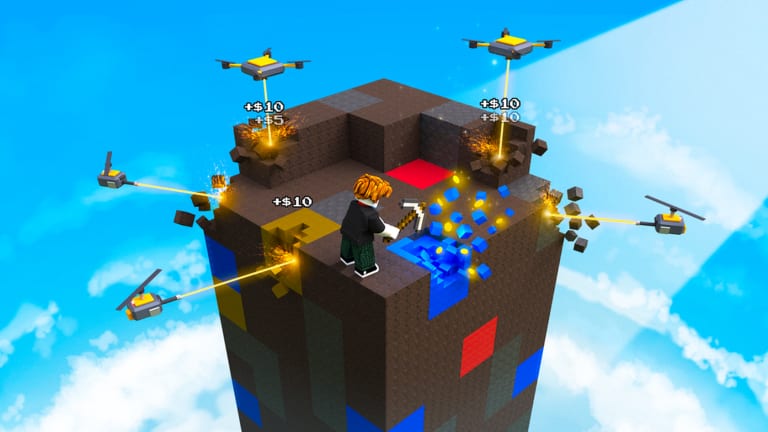 Player mining colored blocks on the mountain top while drones and laser turrets farm cash